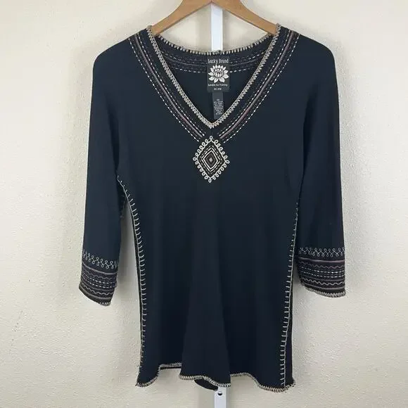 Lucky Brand XS Boho Embroidered Knit Tunic 3/4 Sleeve Flare Hem Top - Picture 1 of 3
